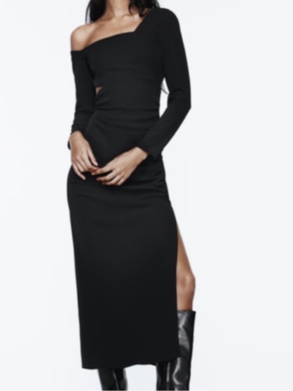 Zara Black Asymmetric Midi Dress with Side Slit